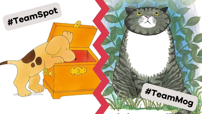 An illustration of a dog with brown patches and a brown spot on its tail opening up a chest to look inside, plus the hashtag #TeamSpot; and an illustration of a cat looking upwards surrounded by grass and foliage along with the hashtag #TeamMog. The two illustrations are separated by a red zig zag line