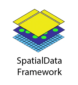 The text “SpatialData Framework” along with the SpatialData logo, showing three stacked layers in perspective, at the top a yellow tabular structure, in the middle a dark blue layer with green dots (i.e. cells), and at the bottom a lighter blue layer with a black grid representing a raster image.