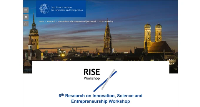 Screenshot of the website of the 6th Research on Innovation, Science and Entrepreneurship Workshop on 18/19 Dec 2023 at the Max Planck Institute for Innovation and Competition in Munich: A Workshop from young researchers for young researchers! The header picture shows the skyline of Munich downtown by night.