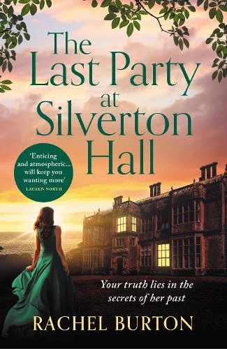 book cover image - back view of woman in green evening dress looking at partly lit stately home outlined against sunset/sunrise sky