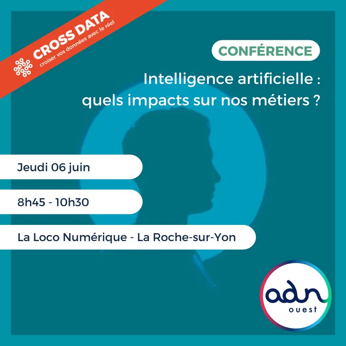 Cross Data. Conférence « Intelligence artificielle : quels impacts sur nos métiers ? » Le 06 juin, de 8 heures 45 à 10 heures 30, à La Loco Numérique de La Roche-sur-Yon. Organisé par ADN Ouest.