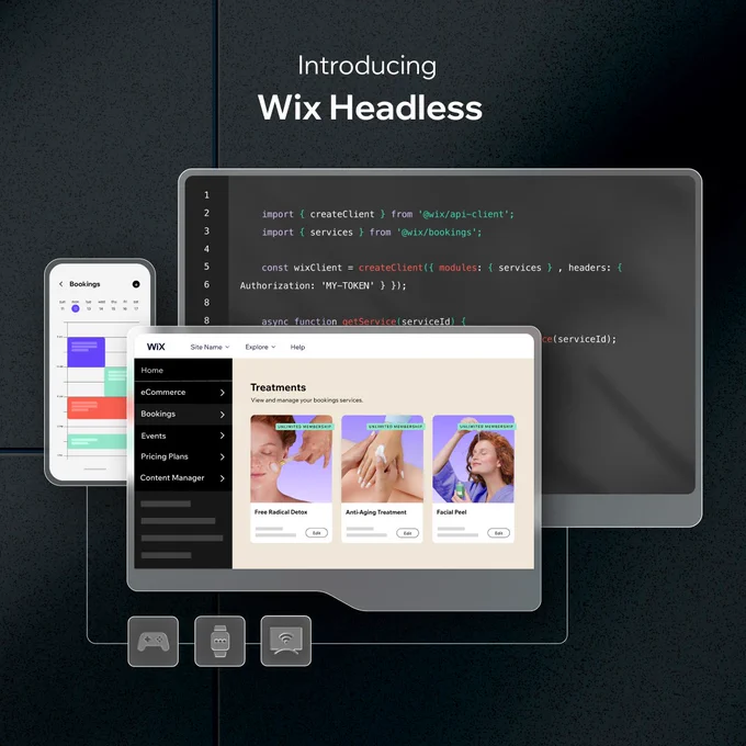 On-image text: Introducing Wix Headless. Wix backend dashboard featuring a left-tree menu with a focus on Wix Bookings, displaying three services - Free Radical Detox, Anti-Aging Treatment, and Facial Peel, with the ability for the user to edit upcoming bookings. A computer screen showing code.