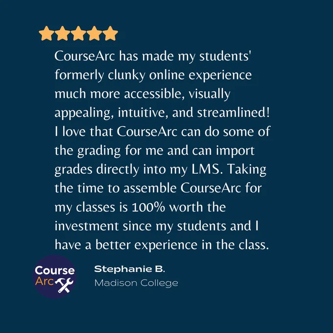 Madison College: "CourseArc has made my students' formerly clunky online experience much more accessible, visually appealing, intuitive and streamlined! I love that CourseArc can do some of the grading for me and can import grades directly into my LMS..."