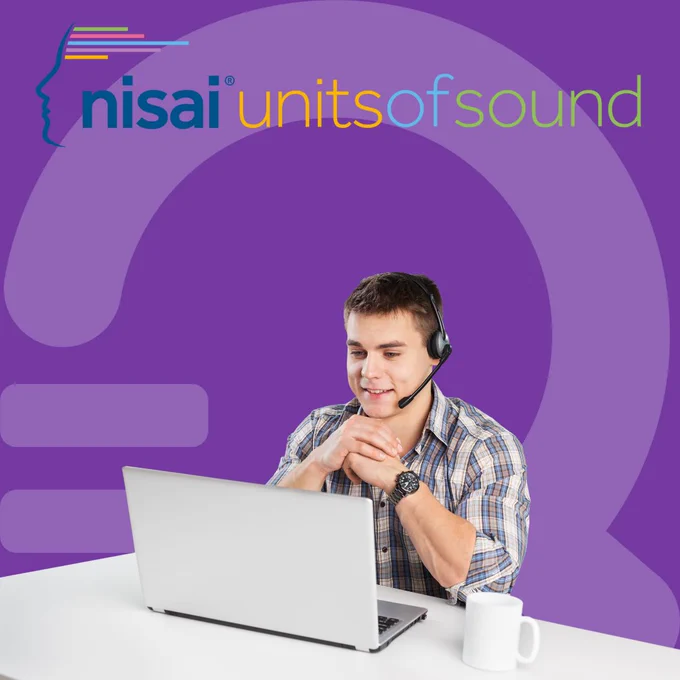 Nisai Units of Sound logo. A young man wears a headset and looks at a computer. Purple background with faded WordQ Q.