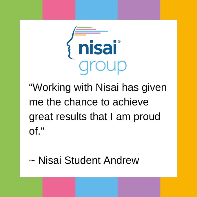 “Working with Nisai has given me the chance to achieve great results that I am proud of."

~ Nisai Student Andrew

Nisai Group logo, Multicoloured border, white background.