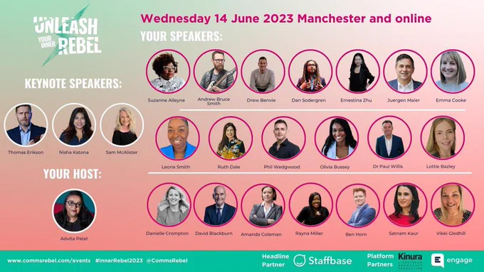 Headshots of the 23 speakers for InnerRebel2023 who are all from different demographic backgrounds