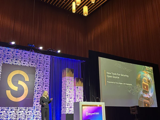Tracy Ragan giving her keynote on Open Source Summit North America 2023