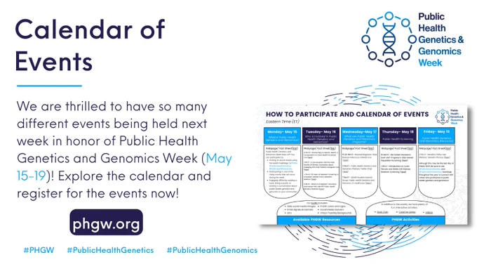 Images: PHGW logo and screenshot of calendar

Text: Calendar of events; We are thrilled to have so many different events being held next week in honor of Public Health Genetics and Genomics Week (May 15-19)! Explore the calendar and register for the events now!; phgw.org