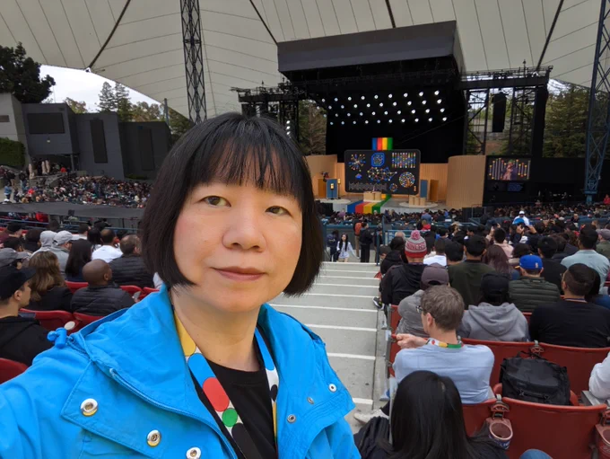 Google I/O Shoreline participant is pictured in front of the amphitheater. 