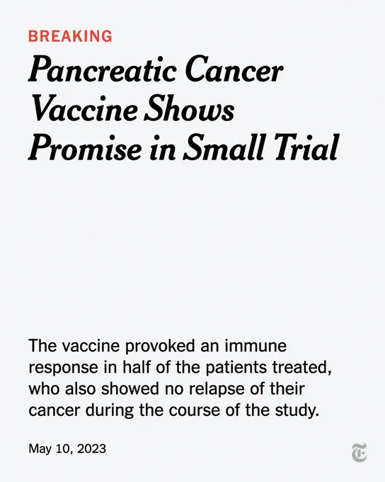 A card reads: "Breaking: Pancreatic Cancer Vaccine Shows Promise in Small Trial. The vaccine provoked an immune response in half of the patients treated, who also showed no relapse of their cancer during the course of the study."
