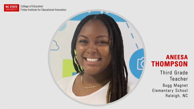 Image of Anessa Thompson, a third grade teacher at Bugg Magnet Elementary School in Raleigh, NC. Anessa is a woman with long brown hair.