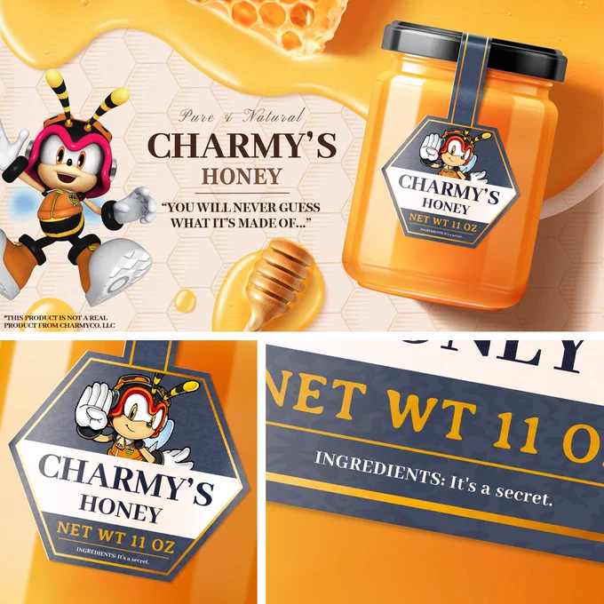 A 3-panel image of Charmy next to a jar of honey. The text in panel 1 says, "Pure & Natural. Charmy's Honey. 'You will never guess what it's made of...'." The 2nd panel zooms in on the jar labeled, "Charmy's Honey." The 3rd panel zooms in closer to the label, revealing the honey's ingredients: "It's a secret."