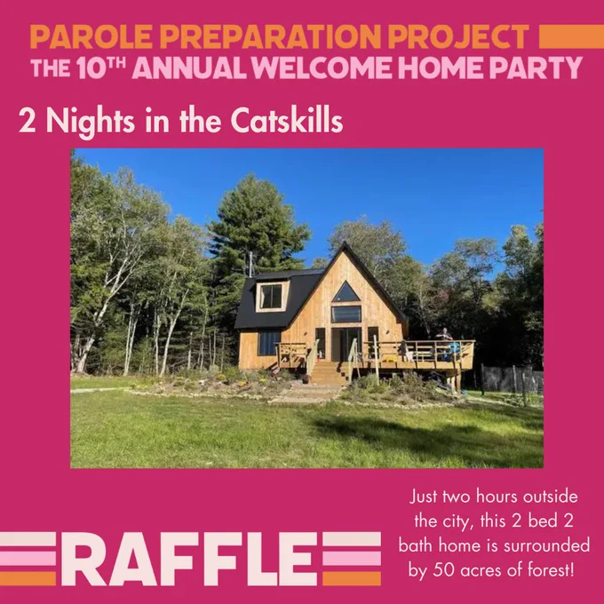 Image 2: A picture of a small wooden house with a black ceiling and front deck, surrounded by lush green, with a person standing on the deck too. The title: 2 Nights in the Catskills. The blurb: “Just two hours outside the city, this 2 bed 2 bath home is surrounded by 50 acres of forest!”