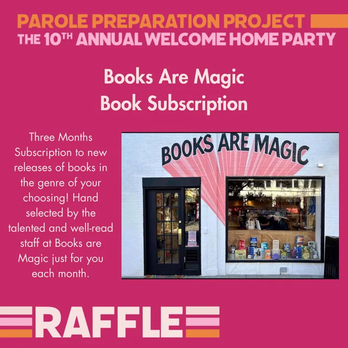 Image 6: A horizontal image of a storefront with a glass door and a big glass window with a books display, it says Books Are Magic in all caps, rounded, at the top in dark letters with pink radiating out of them on a very slightly purple wall. Title: Books Are Magic Book Subscription. “Three Months Subscription to new releases of books in the genre of your choosing! Hand selected by the talented and well-read staff at Books are Magic just for you each month.”