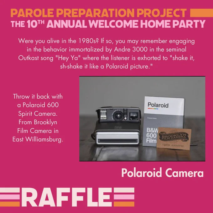 Image 8: An image of a Polaroid camera with film and the Brooklyn Film Camera card on a gray reflective table. The title is below the image: Polaroid Camera. There is a blurb above: “Were you alive in the 1980s? If so, you may remember engaging in the behavior immortalized by Andre 3000 in the seminal Outkast song "Hey Ya" where the listener is exhorted to "shake it, sh-shake it like a Polaroid picture.”” & a short descriptor to the left of the image too: “Throw it back with a Polaroid 600 Spirit Camera. From Brooklyn Film Camera in East Williamsburg.”