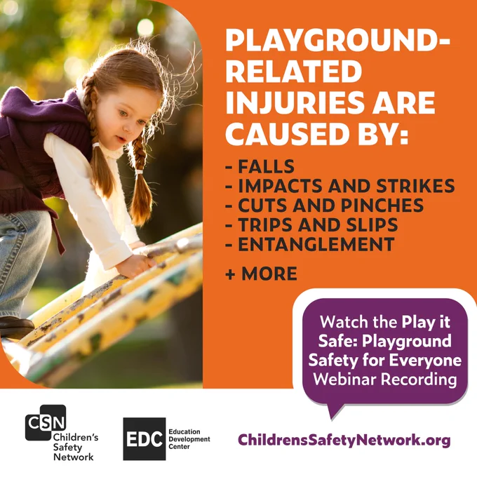 On the left, an image of a young girl climbing a playground structure. On the right, an orange background with text that reads, “Playground-related injuries are caused by falls, impacts and strikes, cuts and pinches, trips and slips, entanglement,   more. Watch the Play it Safe: Playground Safety for Everyone Webinar Recording.” 