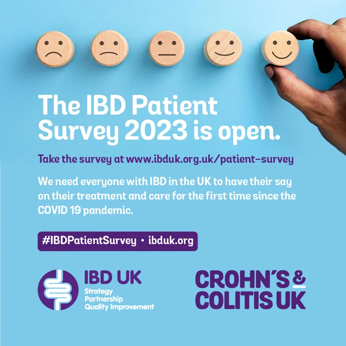 Graphic showing 5 wooden faces from happy to sad on a blue background. Text explains the IBD Patient Survey 2023 is open. IBD UK and Crohn's & Colitis UK logos in the bottom left and right corners.