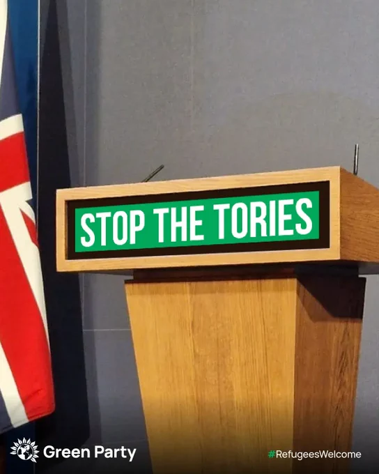 Lectern that reads:  Stop the Tories