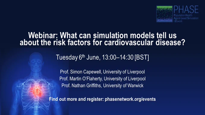 Webinar: What can simulation models tell us about the risk factors for cardiovascular disease?

Tuesday 6th June, 13:00–14:30 [BST]

Prof. Simon Capewell, University of Liverpool
Prof. Martin O’Flaherty, University of Liverpool
Prof. Nathan Griffiths, University of Warwick

Find out more and register: phasenetwork.org/events
