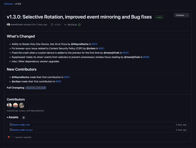 Screenshot of the release notes