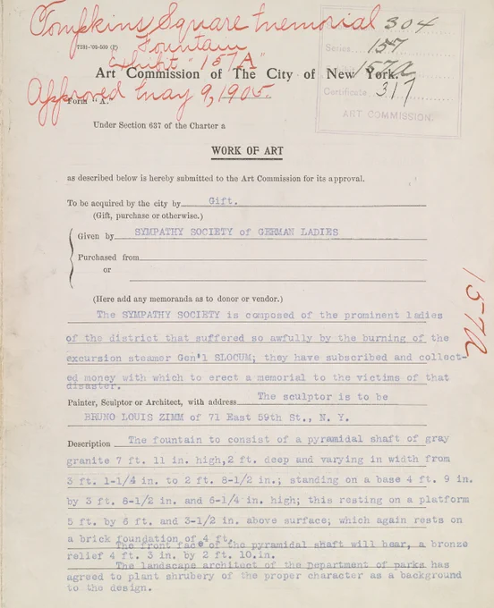Application document detailing the designs for the Tompkins Square Park memorial fountain
