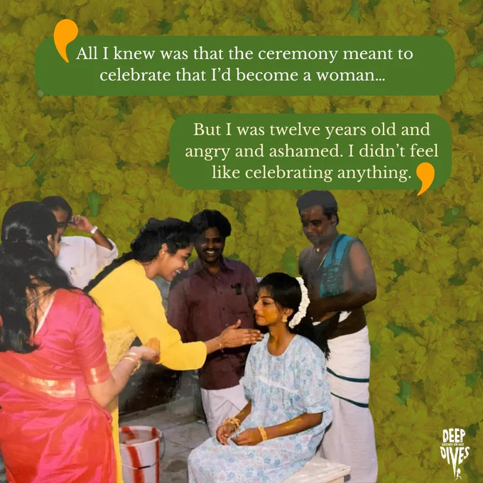 "All I knew was that the ceremony meant to celebrate that I’d become a woman...But I was twelve years old and angry and ashamed. I didn’t feel like celebrating anything"