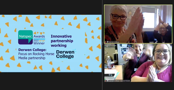 A zoom screenshot showing the Innovative partnership working awards winners Derwen College and some of the staff at Derwen College celebrating! 