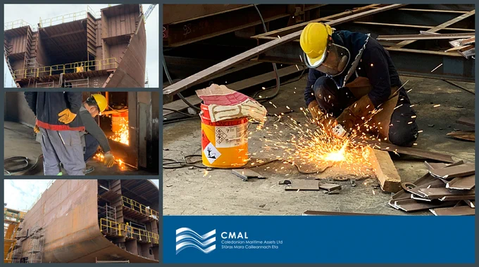 Collage of images showing the progress made on the construction of vessels and workers welding and cutting steel