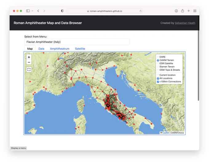 Screenshot of showing Roman Amphitheater browser showing display of less than 100km distances between locations.