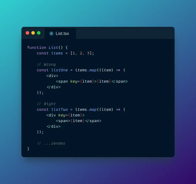 An example of incorrectly placing a key on a nested React component