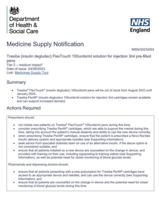 MSM announcement from Dept of Health saying shortages of u100/ml  flextouch pens  of Tresiba