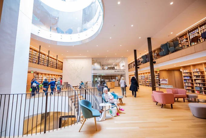 Wide interior view of the main level of Neilson Library