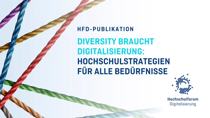 ALT-Bildbeschreibung: Titelbild zur Meldung "Diversity braucht Digitalisierung: Hochschulstrategien für alle Bedürfnisse". Links auf dem Bild sind bunte Seile zu sehen. Logo rechts unten: Hochschulforum Digitalisierung.