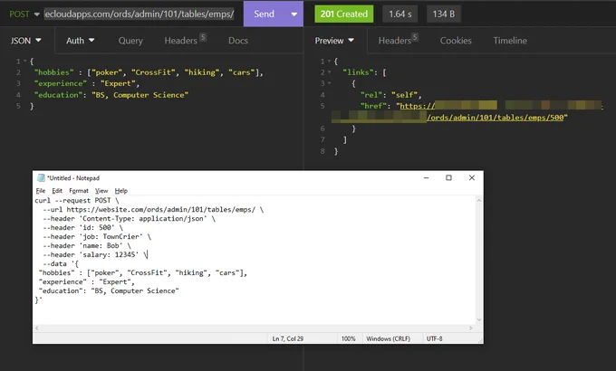 Calling our POST REST API to add an EMP to our EMPS table, and the response which has a link to our new employee