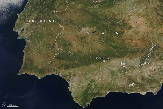 Satellite image of Spain from May 2022. The landscape has many patches of dark and light green vegetation on top of a sandy brown base. The ocean to the left and bottom of the region is dark blue.