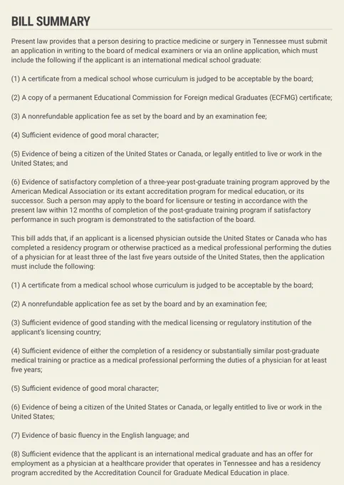 Screenshot of Tennessee HB 1312, explaining how international medical graduates who have been licensed in another country for at least 3 out of the last 5 years are eligible for licensure in the state, without completing a U.S. residency program.