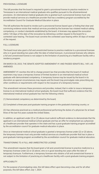 Screenshot of the second half of Tennessee HB 1312, explaining how international medical graduates must practice for an employer with an ACGME-accredited residency program for at least 2 years to obtain an unrestricted license.