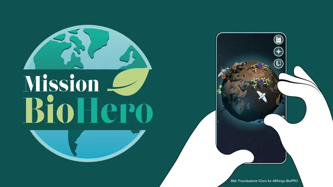 Grafik: Hände mit Smartphone, auf dem das Spiel Mission BioHero läuft. Bild: Foundazione iCons for Allthings.BioPRO #biobased