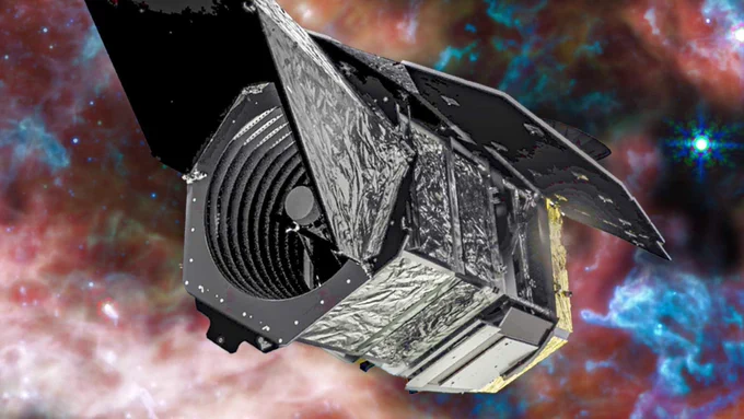 The body of a space telescope appears like a long round tube, pointing left with its circular aperture door open to observe. The background is a mix of pinks and blues, and represents space.