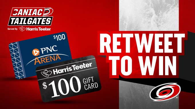 Graphic promoting a Retweet to Win contest where fans can win a $100 gift card to Harris Teeter and $100 gift card to PNC Arena