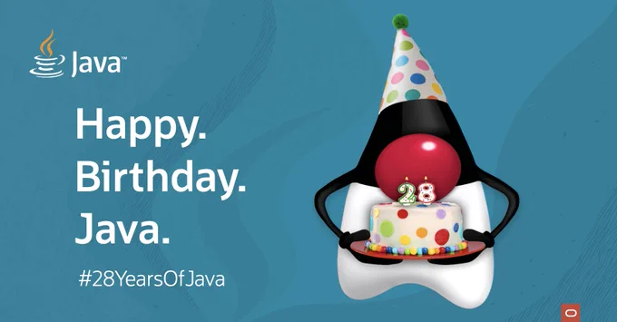Duke the Java mascot wearing a birthday hat and holding a cake with two numbered candles forming the number 28.