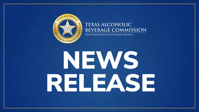 Next to the Texas Alcoholic Beverage Commission logo, large, bold white text on a blue background says, "News release."
