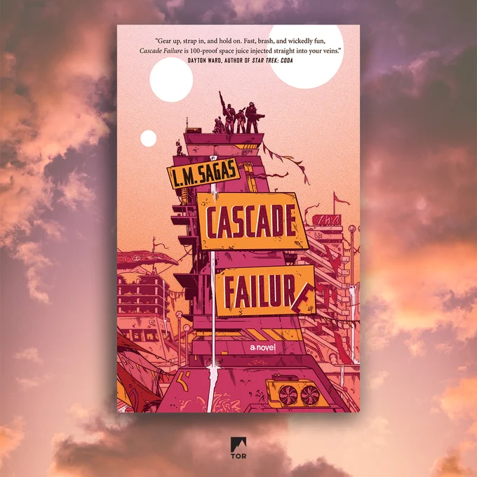 Cascade Failure by L.M. Sagas. The graphic background features pink clouds. The cover is a pink, collapsing city with four figures standing on a roof. 