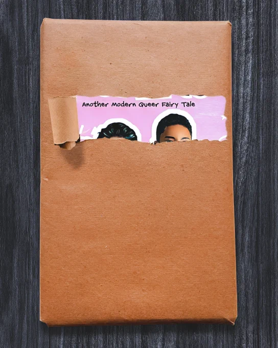 a book wrapped in brown paper that's torn to reveal a small section of its pink illustrated cover