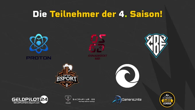 Zusehen sind 5 Teilnehmer der nächsten Saison:
PROTON LETHAL
Esport Factory
ColdBears Avalanche
OSGG Osnadrückt Red
eWave Academy

Sowie die Sponsoren:
Geldpilot24
Sacrarium.gg
GamersUnite
GoBIG League