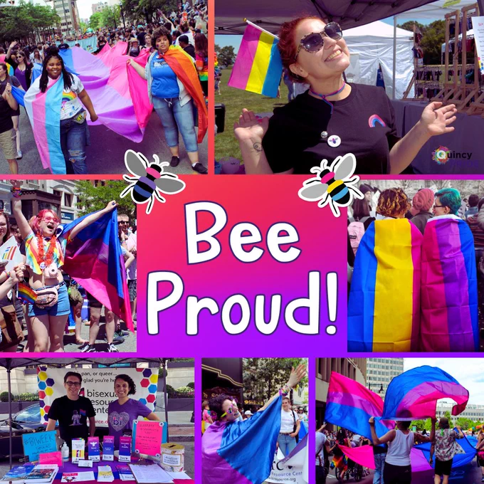 Photo collage of Pride events, featuring people marching, dancing, and celebrating while carrying bisexual and pansexual flags. Text in the center of the collage reads "Bee Proud!"