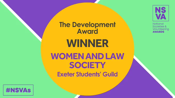 ID: Background consists of green (top left, bottom right) and purple (bottom left, top right) blocks.  In the top right hand corner is the purple NSVA logo included. Bottom left corner is a purple box with "#NSVA" inside. In the centre of each image is a yellow circle with text inside "The Development Award Winner Women and Law Society, Exeter Guild".