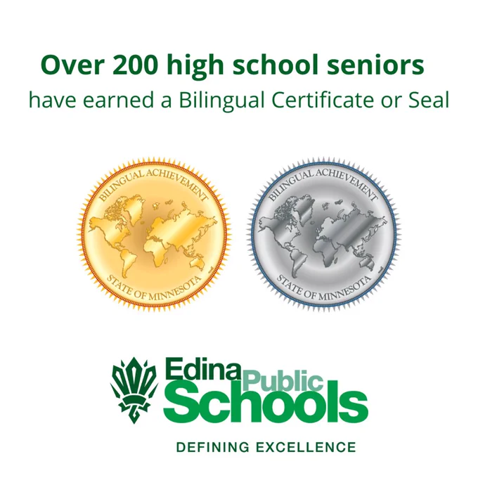 Bilingual seals and certificate with the Edina Public Schools logo
