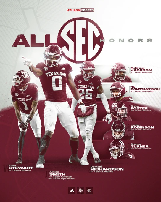 Evan Stewart, Ainias Smith, Demani Richardson, McKinnley Jackson, Nik Constantinou, Bryce Foster, Layden Robinson and Shemar Turner were named to the Preseason All-SEC Team by Athlon Sports. 
