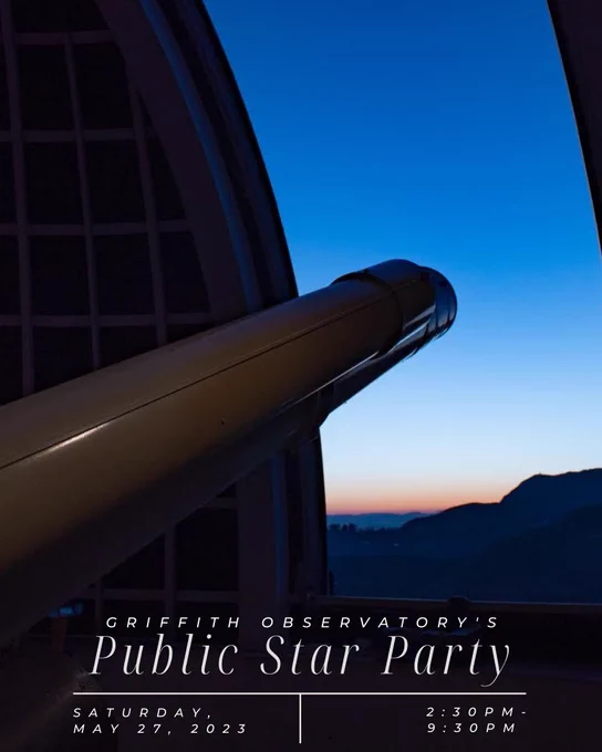The Zeiss 12-inch refracting telescope pointed through the opening of the Observatory's Zeiss dome to the evening sky.

The photo also states
Griffith Observatory's Public Star Party | Saturday, May 27, 2023 | 2:30 p.m. – 9:30 p.m.